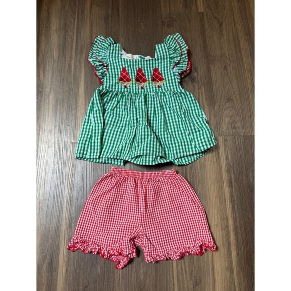 Marie‎ Nicole Short Set Girls Medium/3T Green Red Gingham Watermelon Embroidered